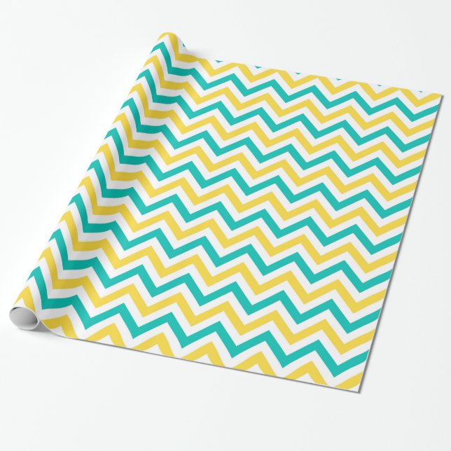 Teal, Pineapple, Wht Large Chevron ZigZag Pattern Wrapping Paper (Unrolled)