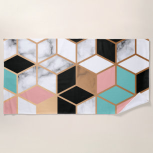 Teal Pink Abstract Cube Pattern on Marble Beach Towel
