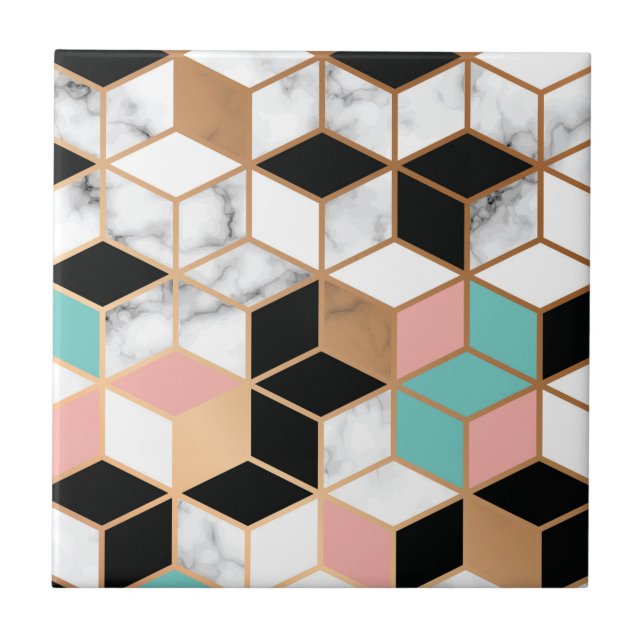 Teal Pink Abstract Cube Pattern on Marble Ceramic Tile (Front)