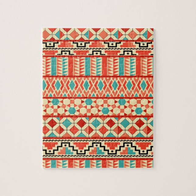 Teal Pink Abstract Geo Aztec Tribal Print Pattern Jigsaw Puzzle (Vertical)