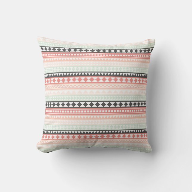 Teal, Pink and Grey Tribal Aztec Pattern Cushion (Front)