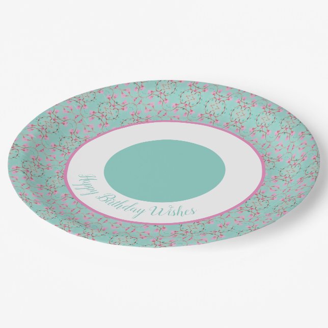 Teal Pink and White Paper Birthday Plates (Angled)