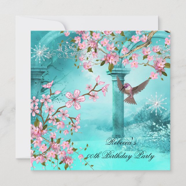 Teal Pink Asian Blossom Birthday Party Bird Invitation (Front)