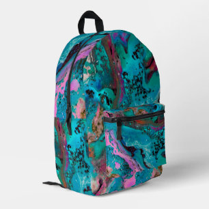 Teal Pink Black Abstract Fluid Painting Printed Backpack