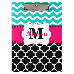 Teal Pink Black Chevron Quatrefoil Personalised Clipboard