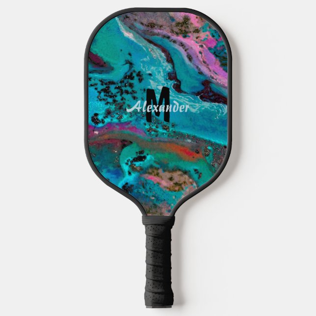 Teal Pink Black Fluid Abstract Monogram Name Pickleball Paddle (Front)