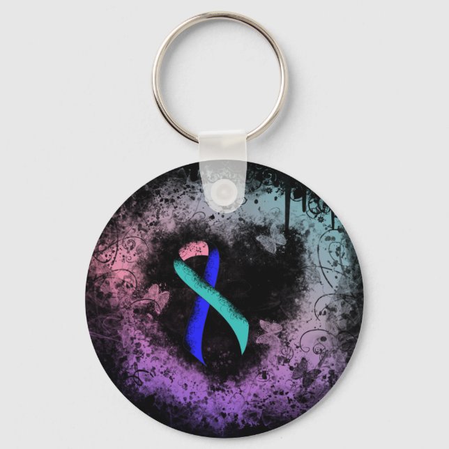Teal/Pink/Blue Ribbon Grunge Heart Key Ring (Front)