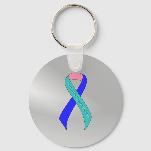 Teal/Pink/Blue Ribbon Support Awareness Key Ring (Front)
