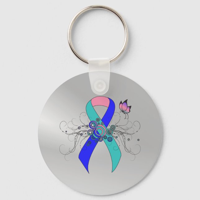 Teal/Pink/Blue Ribbon with Butterfly Key Ring (Front)