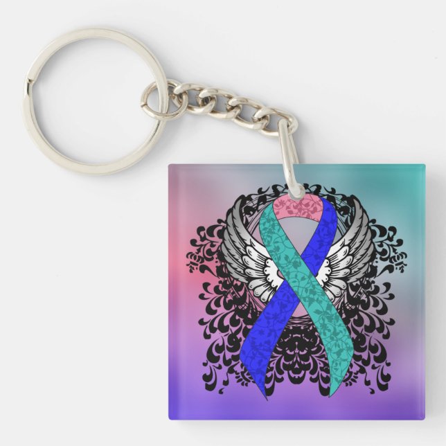 Teal/Pink/Blue Ribbon with Wings Key Ring (Front)