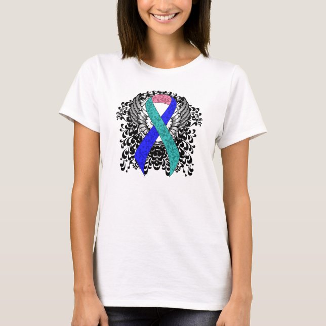 Teal/Pink/Blue Ribbon with Wings T-Shirt (Front)