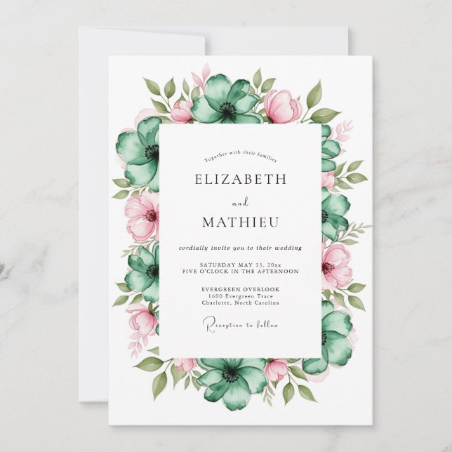 Teal Pink Botanical Romance Wedding Invitation (Front)