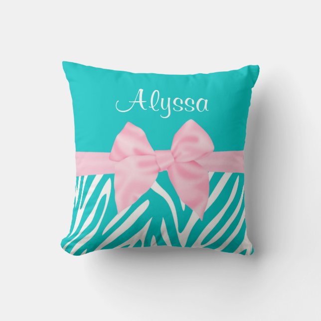 Teal Pink Bow Zebra Personalised Cushion (Front)
