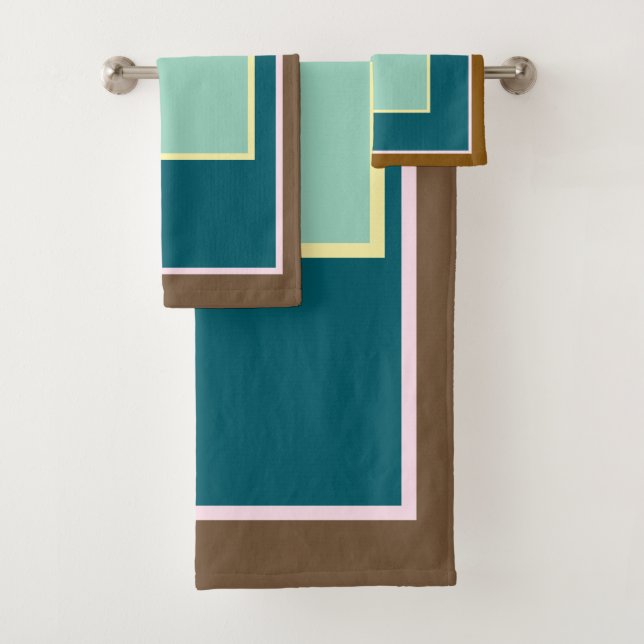 Teal Pink Brown Block Patterned Bath Bath Towel Set (Insitu)