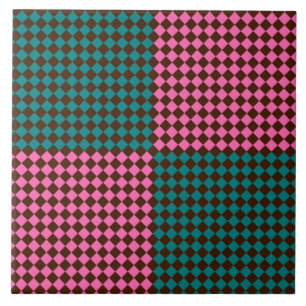 Teal Pink Brown Chequered Diamond Pattern Ceramic Tile