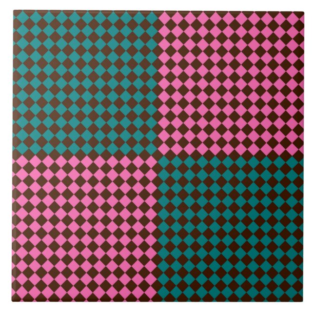 Teal Pink Brown Chequered Diamond Pattern Ceramic Tile (Front)