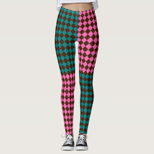 Teal Pink Brown Chequered Diamond Pattern Leggings