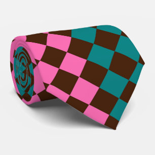 Teal Pink Brown Chequered Diamond Pattern Tie