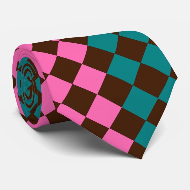 Teal Pink Brown Chequered Diamond Pattern Tie (Rolled)
