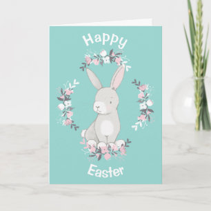 Teal Pink Bunny Wreath Easter Card