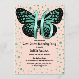 Teal Pink Butterfly Glitter Confetti Sweet 16 Invitation