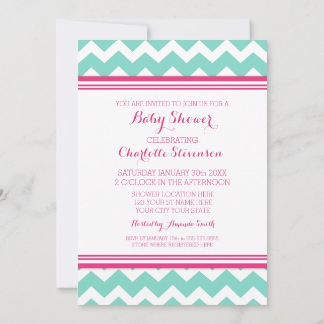 Teal Pink Chevron Custom Baby Shower Invitations (Back)