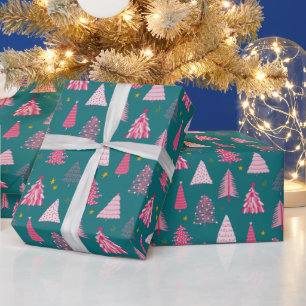 Teal & Pink Christmas Tree Pattern Wrapping Paper