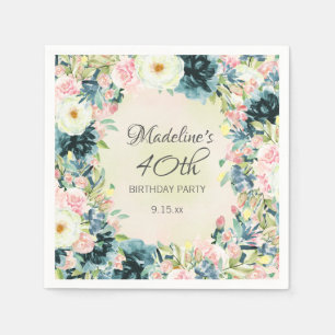 Teal Pink Cream Floral Women's 40th Birthday  Napkin