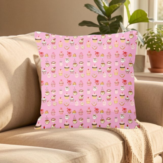 teal pink dualsided coffee cupcake donut pattern cushion (Creator Uploaded)