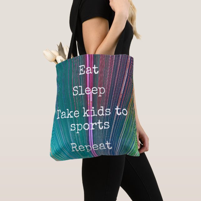 Teal Pink Eat Sleep Take Kids To Sports Repeat Fun Tote Bag (Close Up)