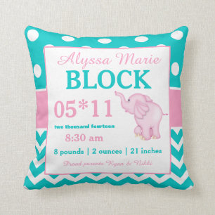 Teal Pink Elephant Baby Announcement Pillow