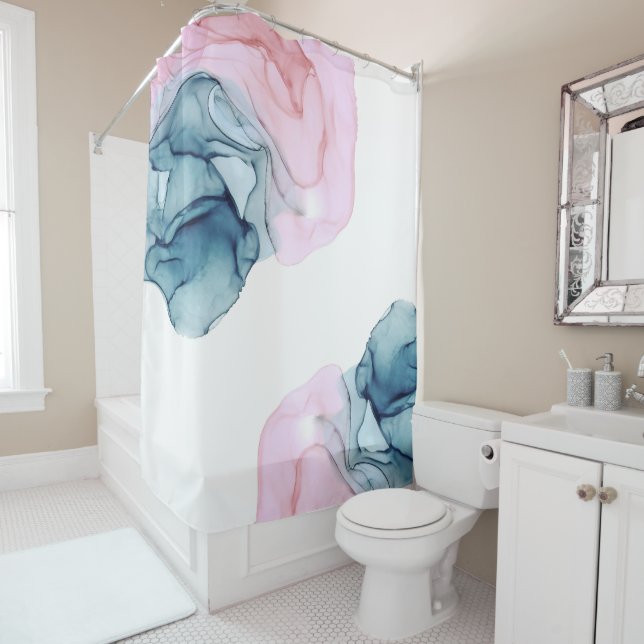 Teal & Pink Ethereal Inky Fantasy Shower Curtain (In Situ)