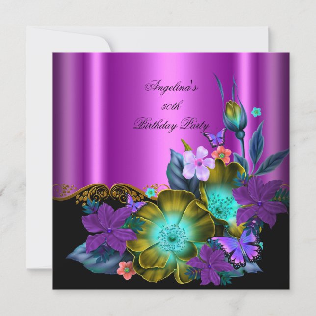 Teal Pink Floral Black Gold Birthday Party Invitation (Front)