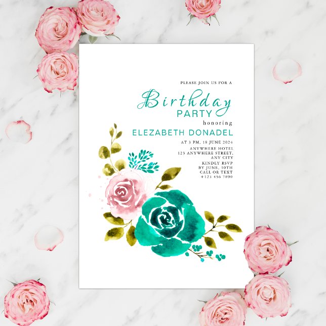 Teal & Pink Floral Bouquet Birthday Party Invitation (Creator Uploaded)