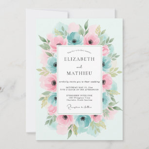 Teal Pink Floral Flourish Wedding Invitation