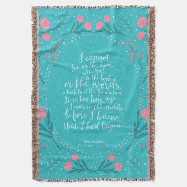 Teal & Pink Floral Jane Austen Pride and Prejudice Throw Blanket (Front Vertical)