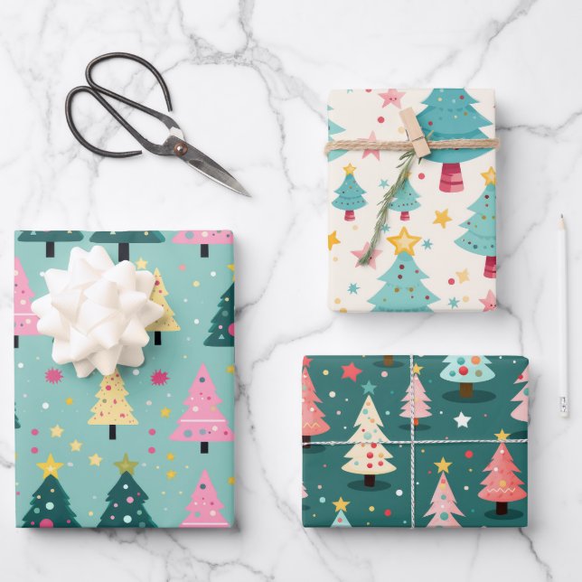 Teal Pink Fun Christmas Trees Wrapping Paper Sheet (Front)