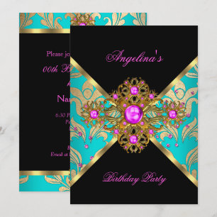 Teal Pink Gold Damask Floral Birthday Party Invitation
