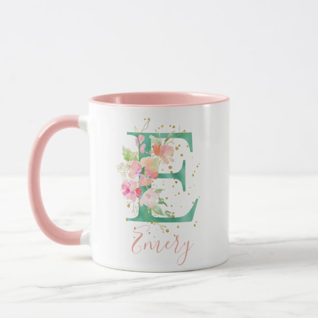 Teal Pink Gold Watercolor Floral Monogram E Mug (Left)
