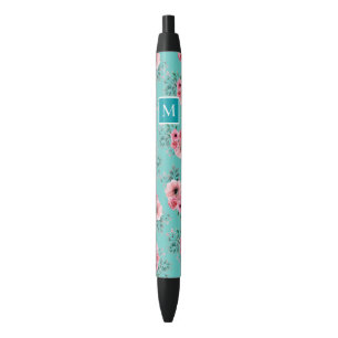 Teal Pink & Green Floral Monogram Black Ink Pen
