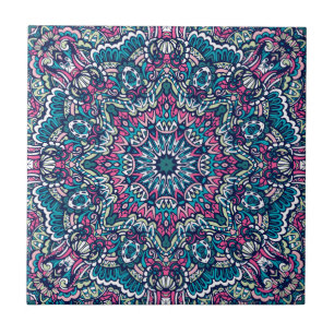 Teal, Pink, Green & Navy Vibrant Boho Mandala Ceramic Tile