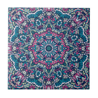 Teal, Pink, Green & Navy Vibrant Boho Mandala Ceramic Tile