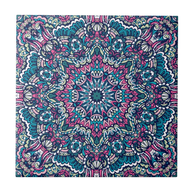 Teal, Pink, Green & Navy Vibrant  Boho Mandala Ceramic Tile (Front)