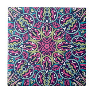 Teal, Pink, Green & Navy Vibrant Boho Mandala Ceramic Tile