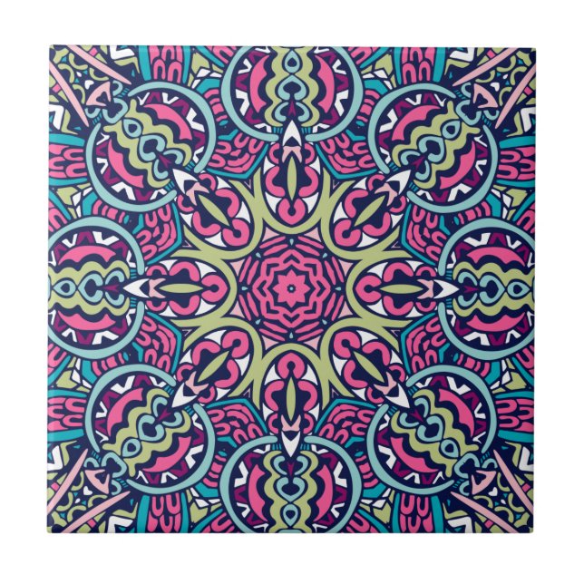 Teal, Pink, Green & Navy Vibrant Boho Mandala Ceramic Tile (Front)