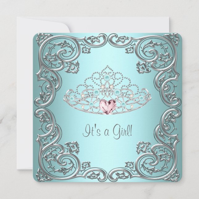 Teal Pink Heart Tiara Princess Baby Shower Invitation (Front)