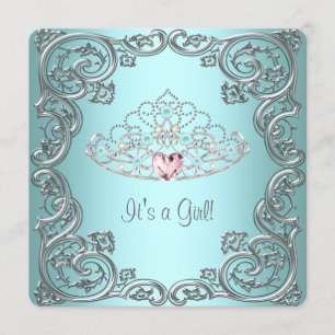 Teal Pink Heart Tiara Princess Baby Shower Invitation