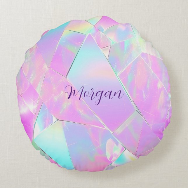 Teal & Pink Iridescent Design, Script Name Round Cushion (Back)