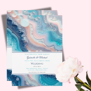 Teal Pink Marble Agate Summer Wedding Invitation