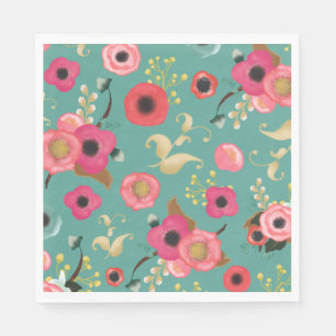 Teal Pink Modern Floral Pattern Party Napkin